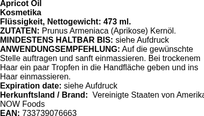 Produktetikett — Apricot Oil - 473 ml. (PB 8258)