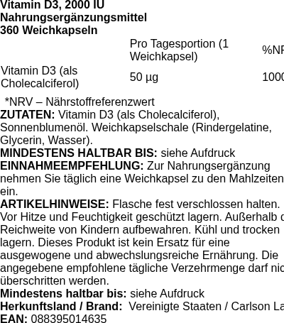 Produktetikett — Vitamin D3, 2000 IU - 360 softgels (PB 88220)