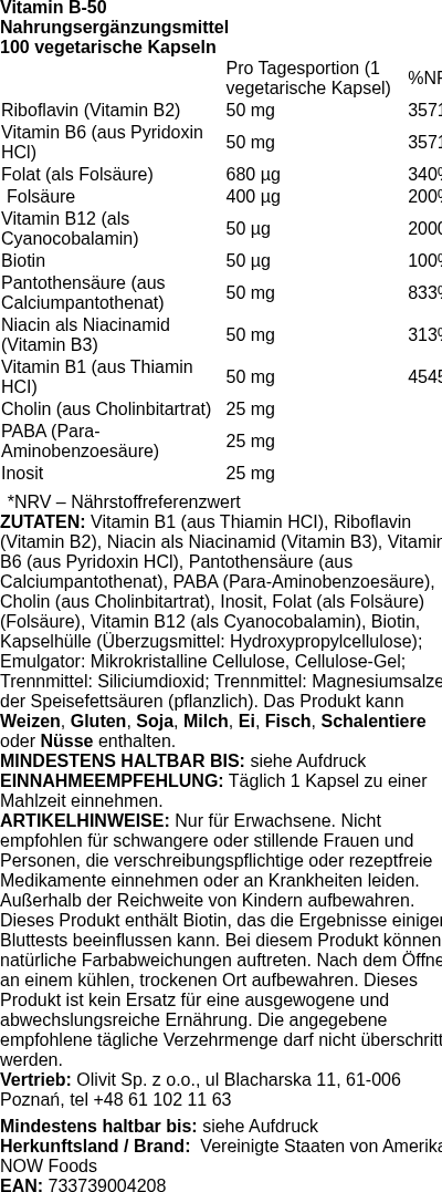 Produktetikett — Vitamin B-50 - 100 vcaps (PB 8275)