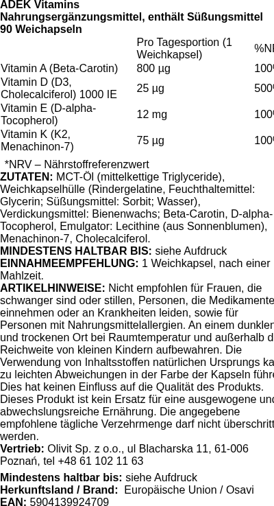 Produktetikett — ADEK Vitamins - 90 softgels (PB 120431)