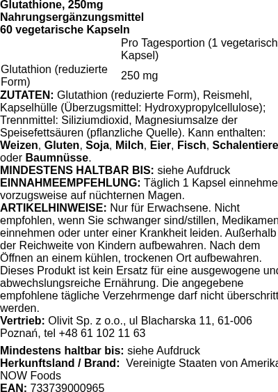 Produktetikett — Glutathione, 250mg - 60 vcaps (PB 10488)